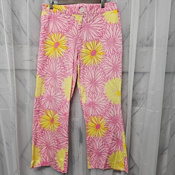 Pink Yellow Floral Chinos Wide Leg Boho Hippie Granola Festival Beach 12 - Picture 10 of 10
